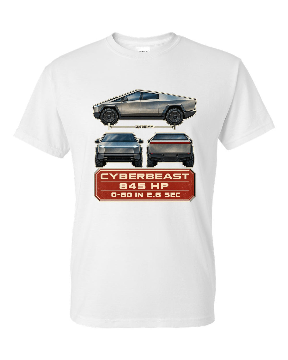 Three-view and spec table print of a Tesla Cybertruck Cyberbeast white t-shirt front view with the design