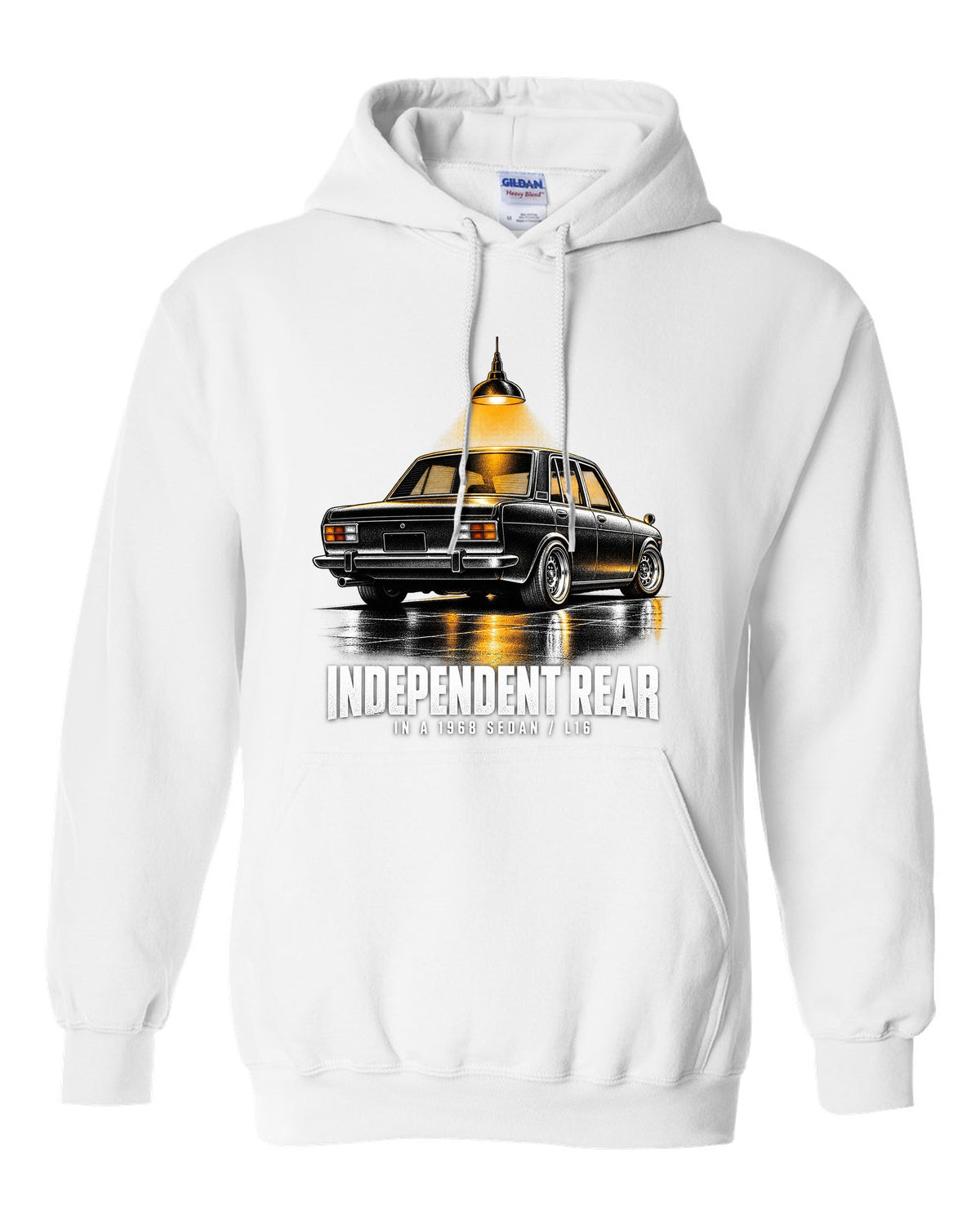 print of a 1968 Datsun 510 PL510 sedan from the rear three-quarter in a night garage white pull over hoodie front view with the design