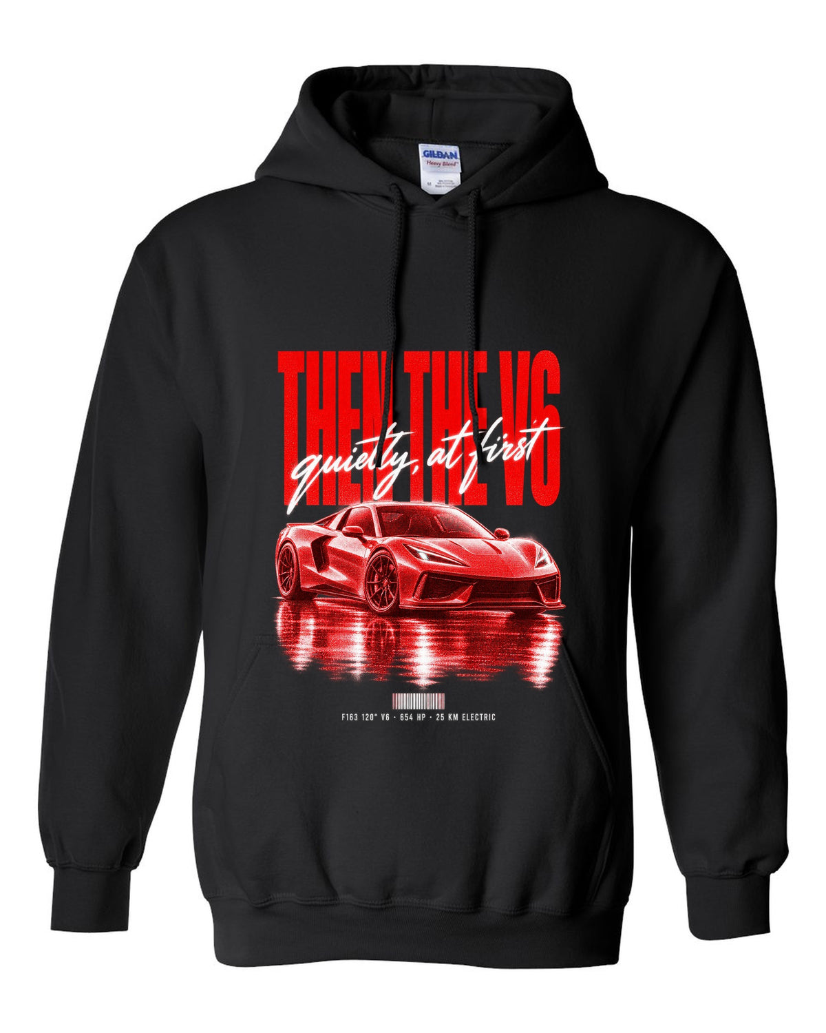 Ferrari 296 GTB 2022 street poster print, F163 120 degree V6, 654 HP, 25 km electric black pull over hoodie front view with the design