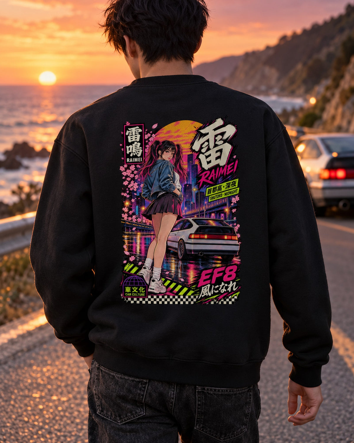 RAIMEI EF8 Anime Girl Full-Back Graphic Tee Crewneck Black worn hero