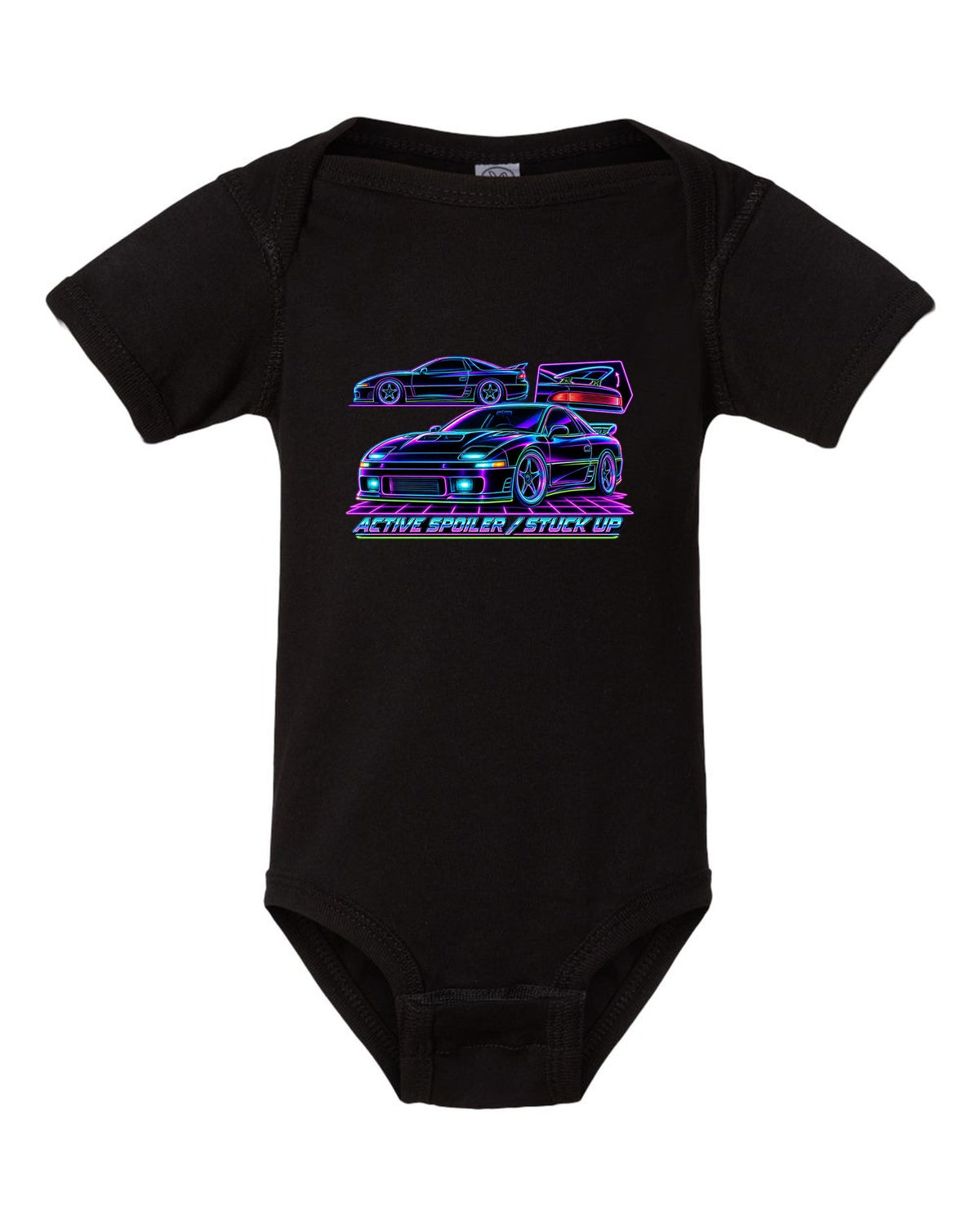 Neon wireframe outline print of the Mitsubishi 3000GT VR-4 with active spoiler stuck up text black baby onesie front view with the design