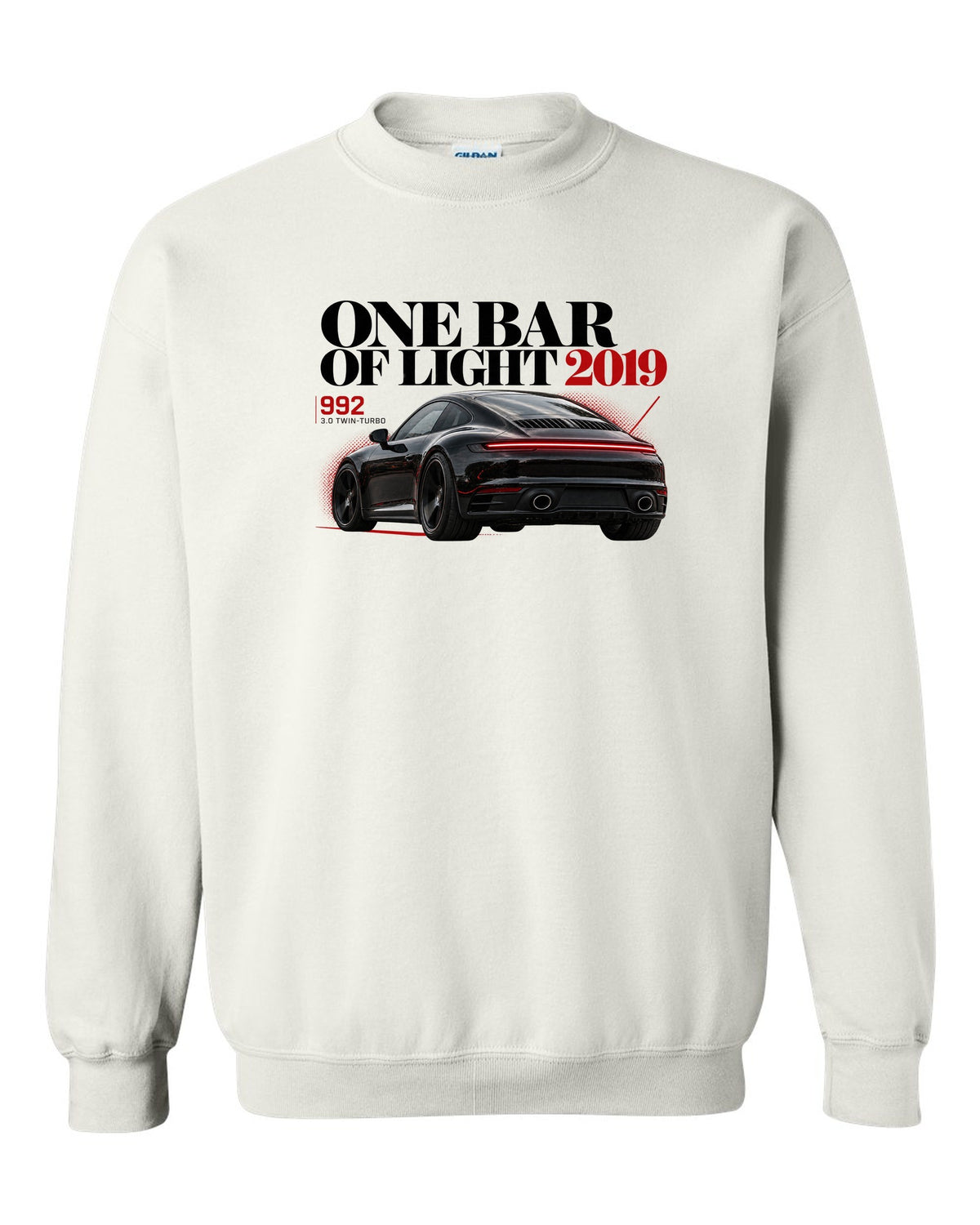 Editorial headline print of a Porsche 911 Carrera S 992 with One Bar Of Light caption white crewneck front view with the design