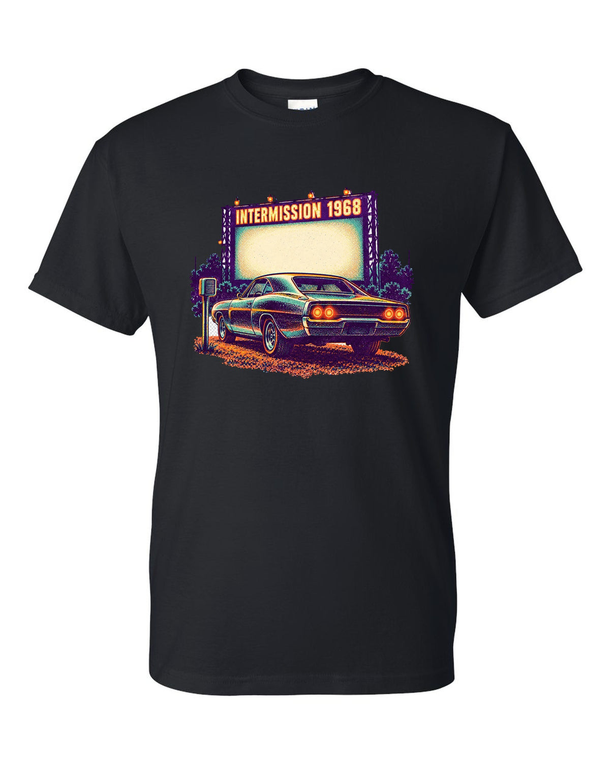 Risograph spot colour drive-in scene with a 1968 Dodge Charger R/T and INTERMISSION text black t-shirt front view with the design