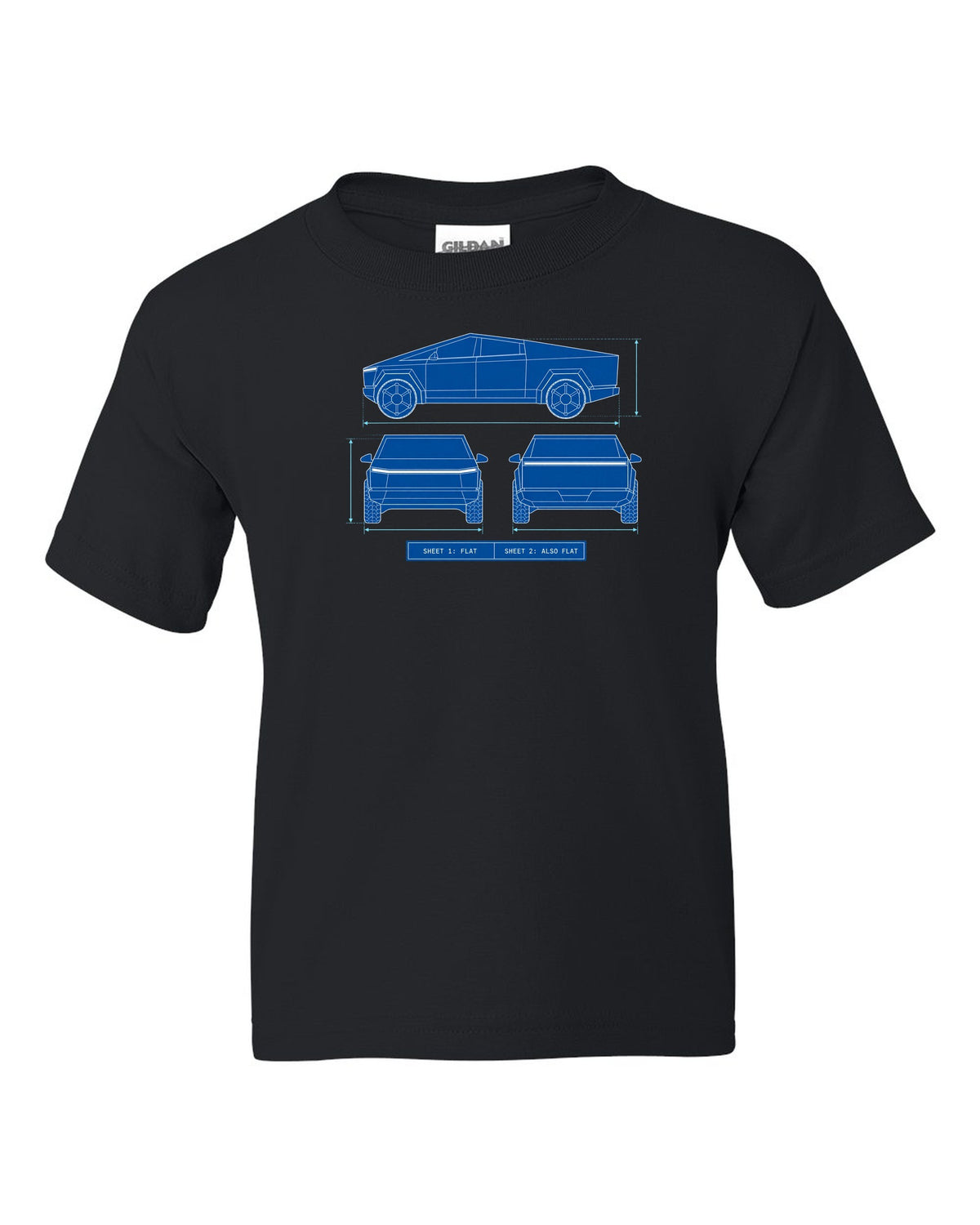 Technical blueprint line art of a 2023 Tesla Cybertruck with Sheet 1 Flat and Sheet 2 Also Flat lettering black kids tee front view with the design