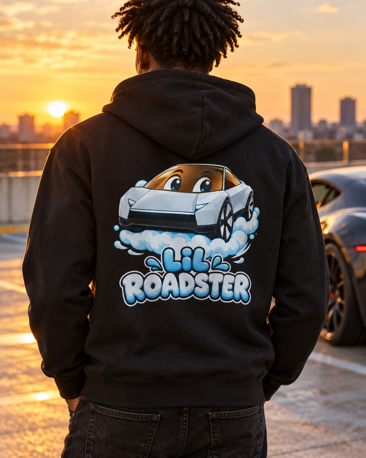 Lil Roadster Kids Shirt, Onesie & More Zip Hoodie Black worn hero