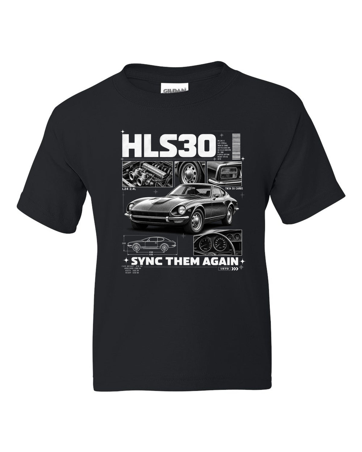 Dossier panel print of a 1970 Datsun 240Z HLS30 with L24 and twin SU carbs text black kids tee front view with the design