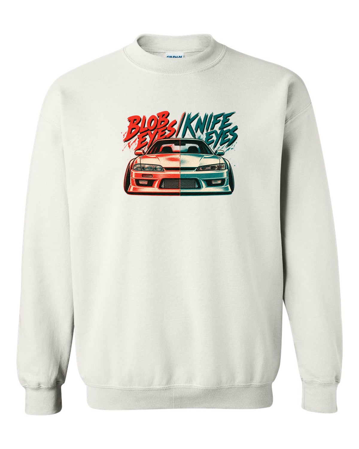 Risograph two-colour print comparing Nissan Silvia S14 zenki and kouki front ends white crewneck front view with the design