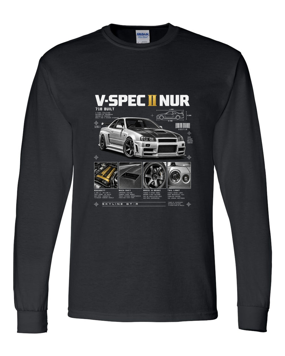 Dossier panels of a Nissan Skyline GT-R R34 V-Spec II Nur with 718 built and gold cam covers lettering black long sleeve front view with the design