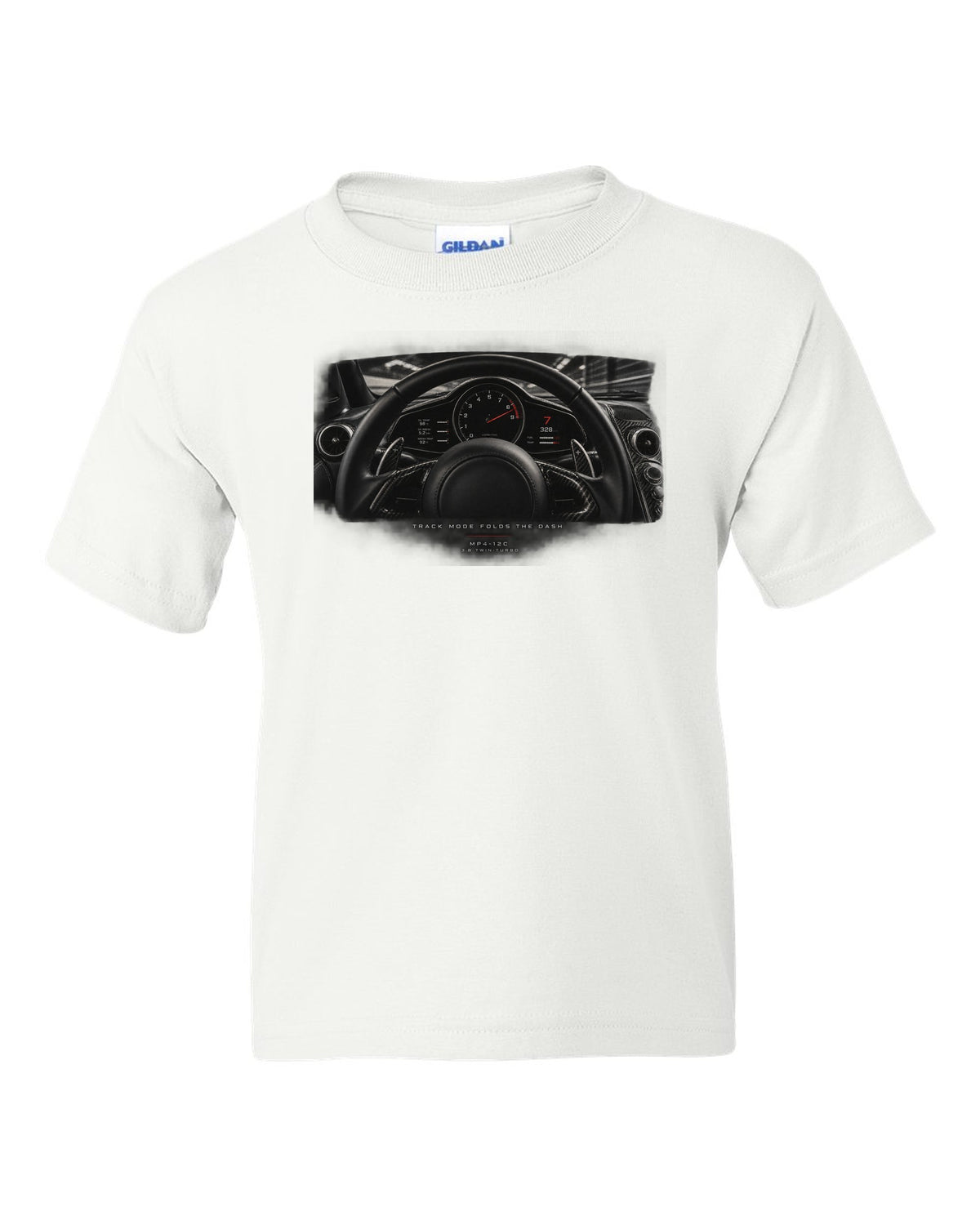 Cockpit gauge print of a 2011 McLaren 12C MP4-12C with folding dash text white kids tee front view with the design