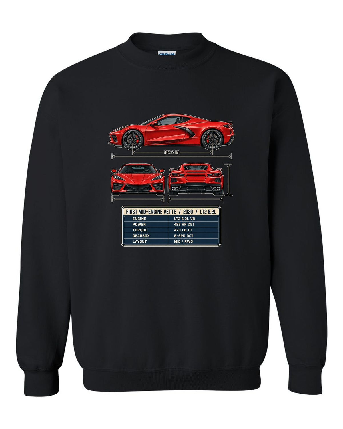 Three-view spec table print of a Chevrolet Corvette C8 Stingray with LT2 6.2L text black crewneck front view with the design