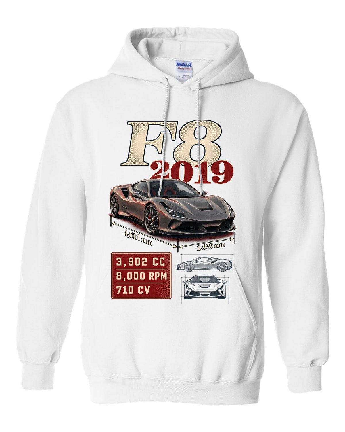 Ferrari F8 Tributo archive panel print listing 3,902 cc, 8,000 rpm, 710 CV white pull over hoodie front view with the design