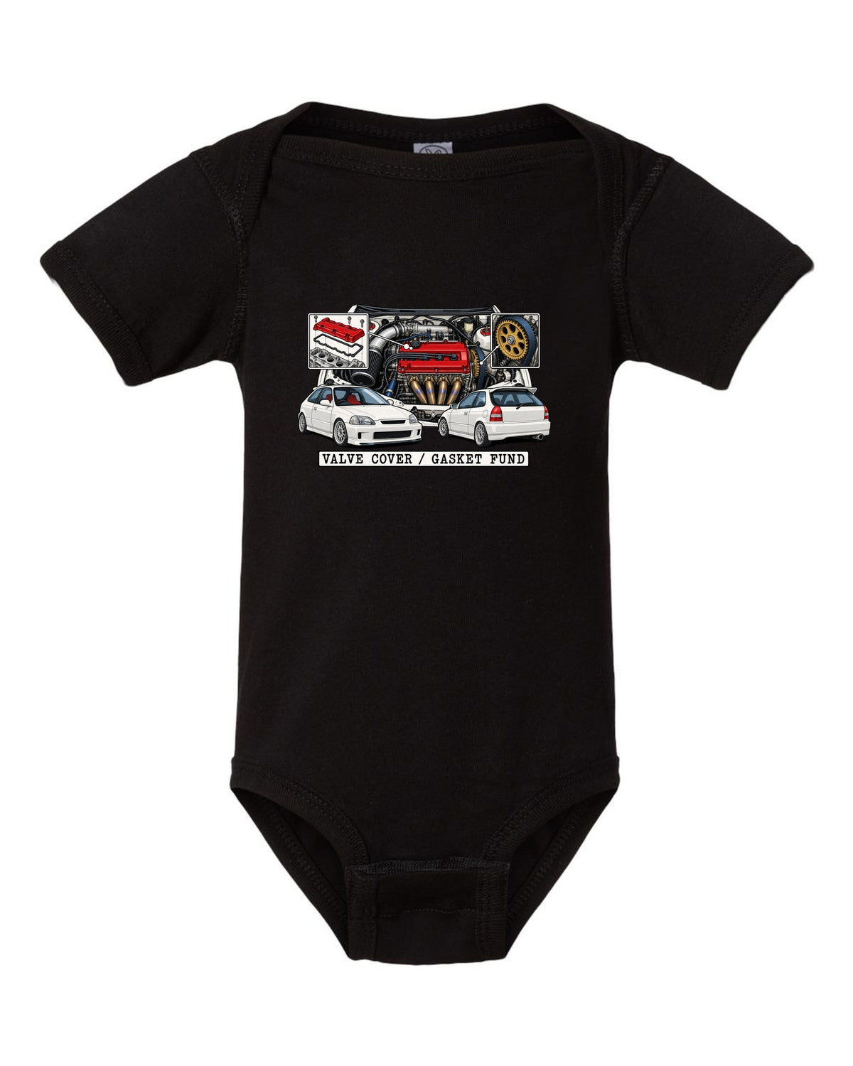 Technical patent drawing print of a 1997 Honda Civic EK9 with Valve Cover Gasket Fund lettering black baby onesie front view with the design