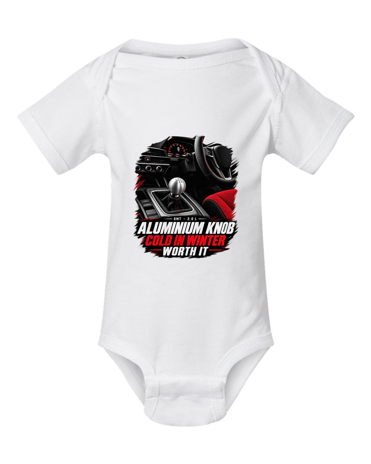 Honda Civic FL5 cockpit gauge design with aluminium shift knob text white baby onesie front view with the design