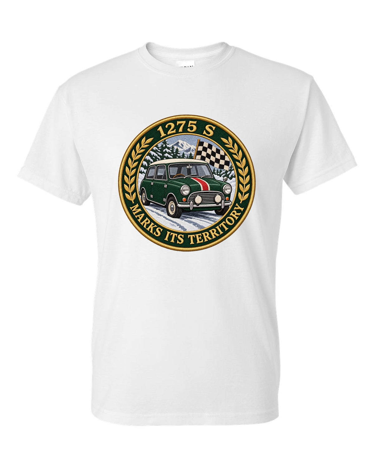 Embroidery style varsity crest for a Mini Cooper S Mk1 with 1275 S marks its territory white t-shirt front view with the design