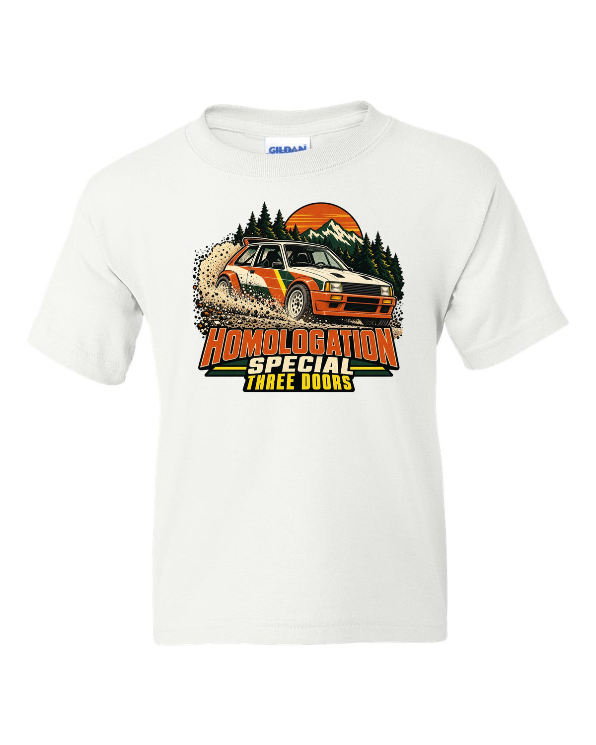 Vintage rally poster of a Toyota GR Yaris sliding on gravel with homologation text white kids tee front view with the design
