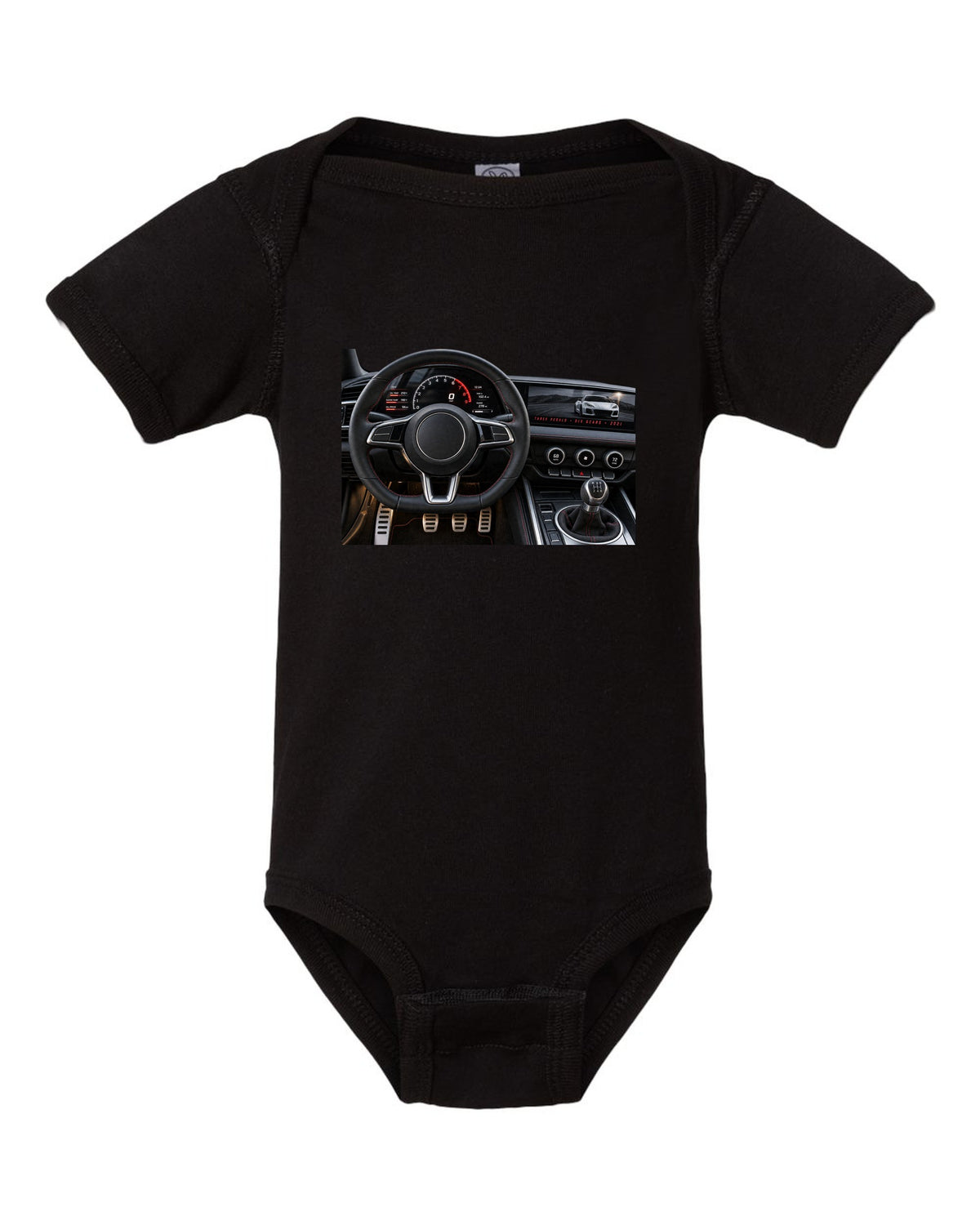 BMW G80 M3 cockpit gauge print with three pedals six gears lettering black baby onesie front view with the design