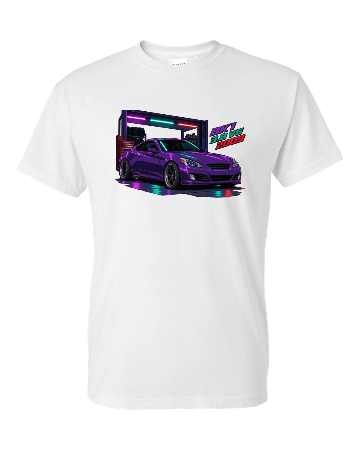 Cel-shaded anime print of a Hyundai Genesis Coupe BK1 in a garage with 3.8 V6 2009 text white t-shirt front view with the design