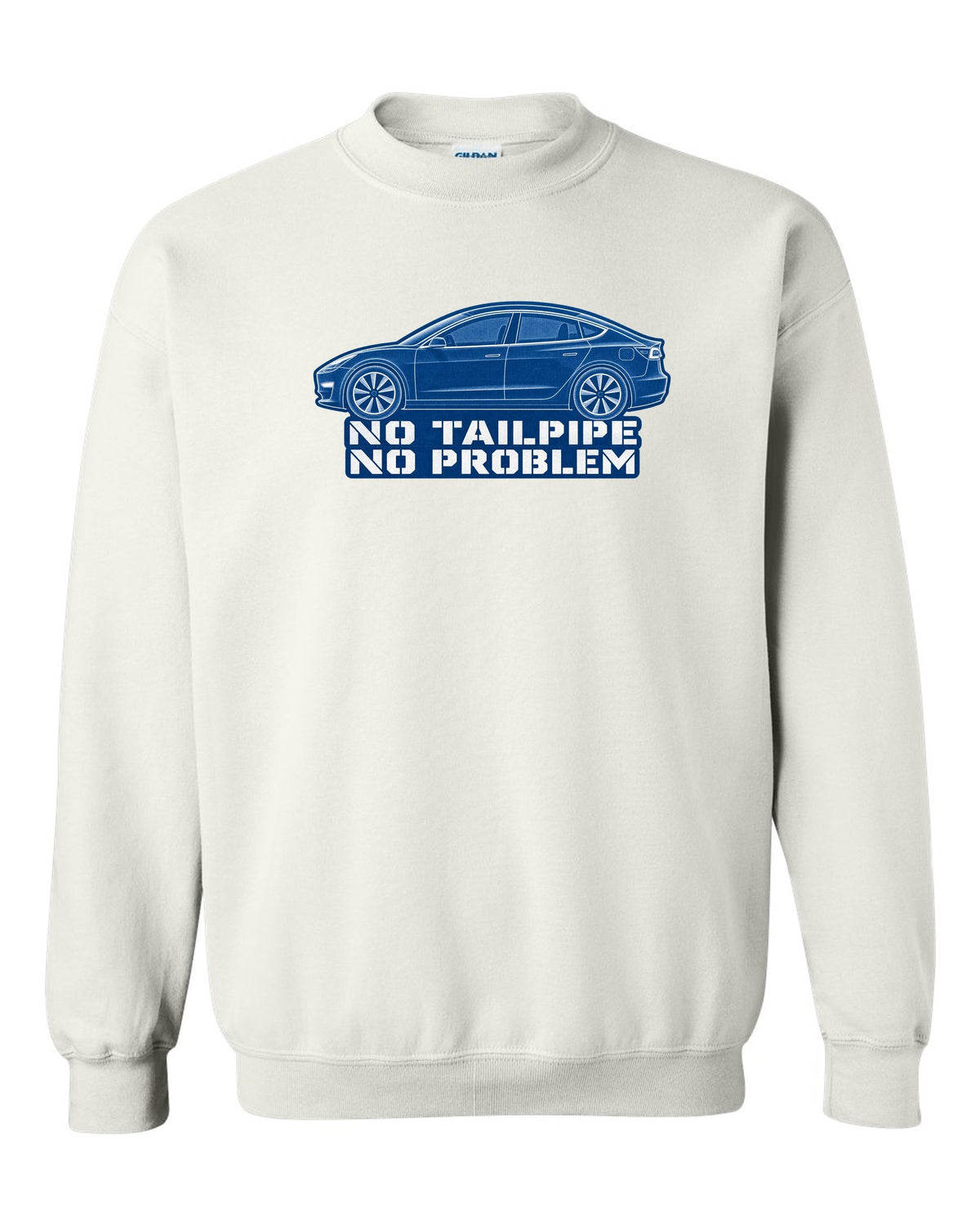 Cyanotype negative blueprint of a 2017-2023 Tesla Model 3 with the words No Tailpipe No Problem white crewneck front view with the design