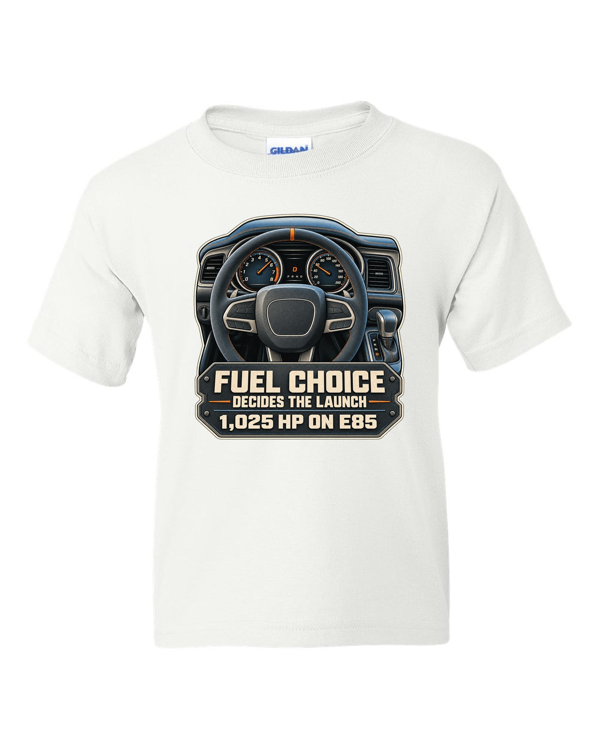 Dodge Challenger SRT Demon 170 cockpit gauge print with E85 1,025 HP text white kids tee front view with the design