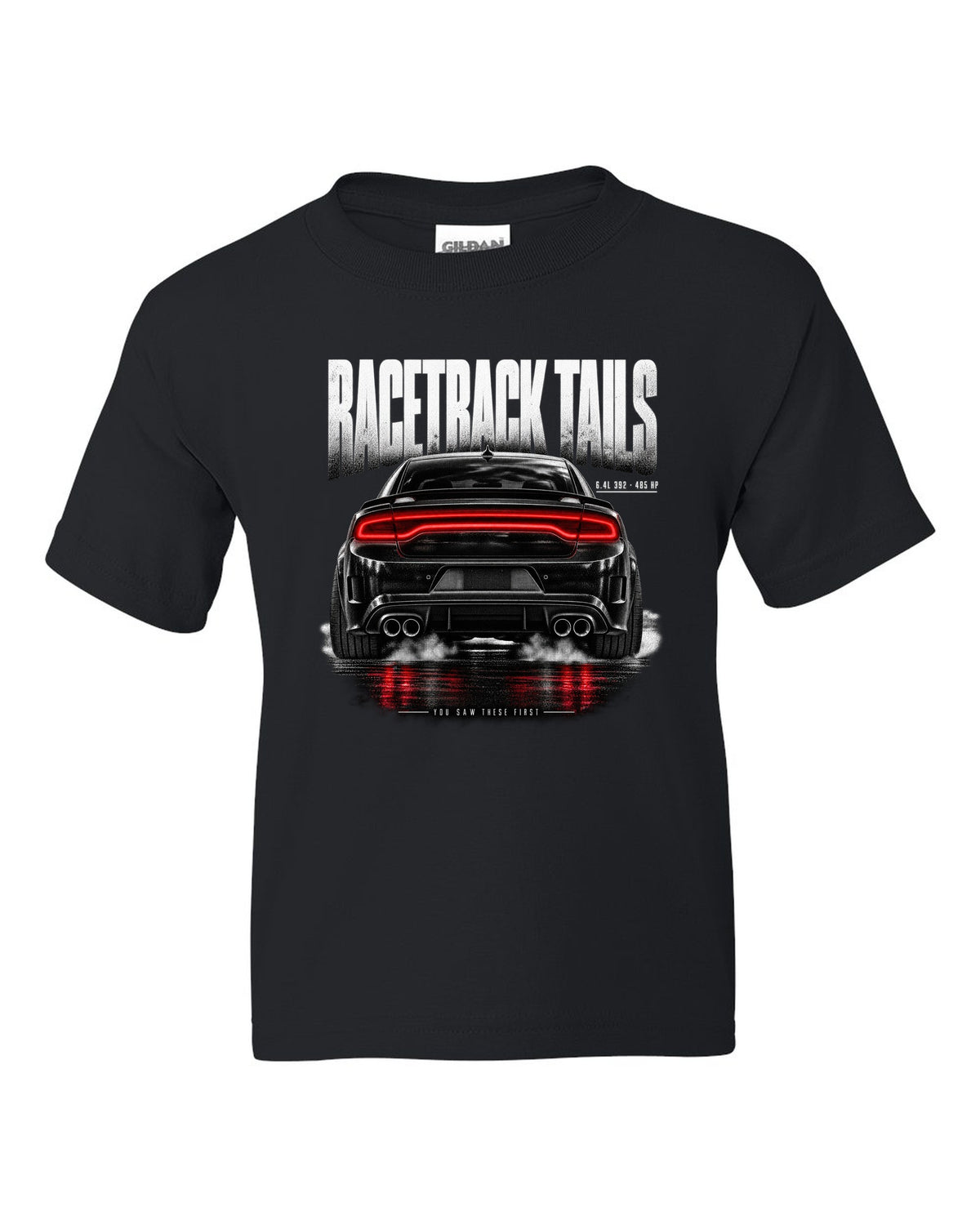 Taillight macro print of a 2016 Dodge Charger Scat Pack LX/LD with 6.4L 392 and 485 HP text black kids tee front view with the design