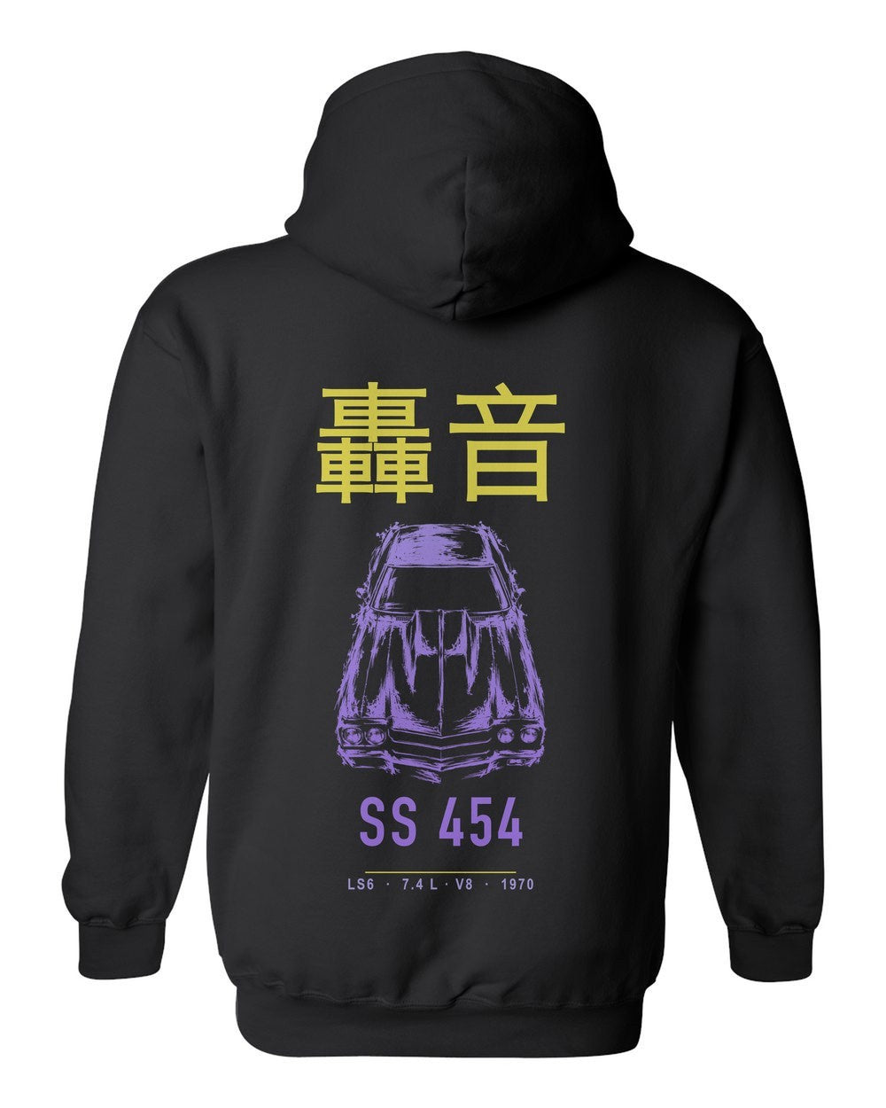 SS 454 full-back artwork black pull over hoodie back view with the design