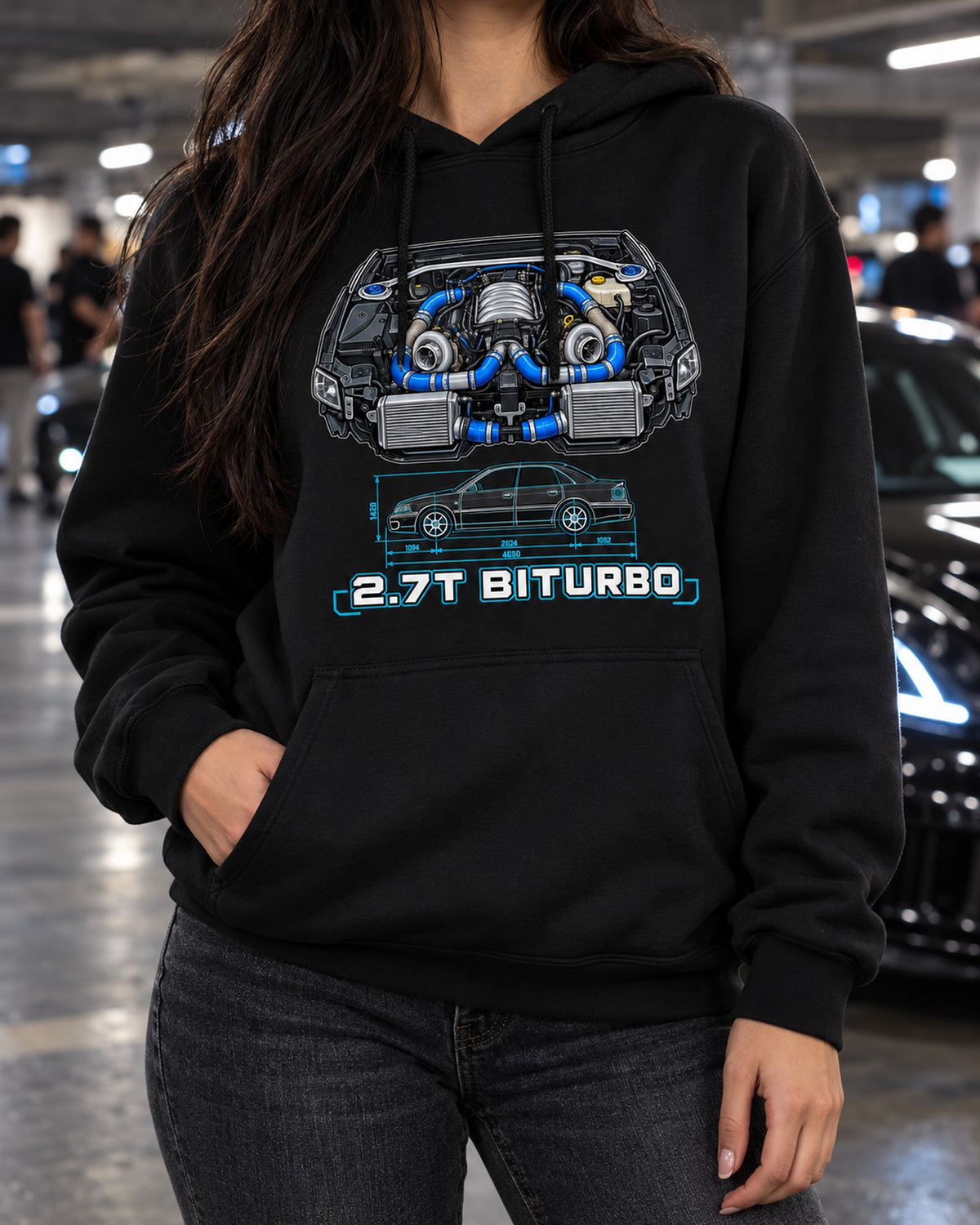 Audi S4 B5 2.7T Biturbo Technical Blueprint Car Shirt Pull Over Hoodie Black worn hero