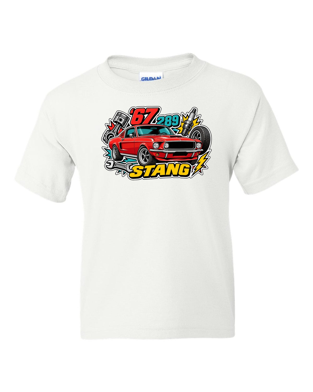 Sticker-bomb collage print of a 1967 Ford Mustang fastback white kids tee front view with the design