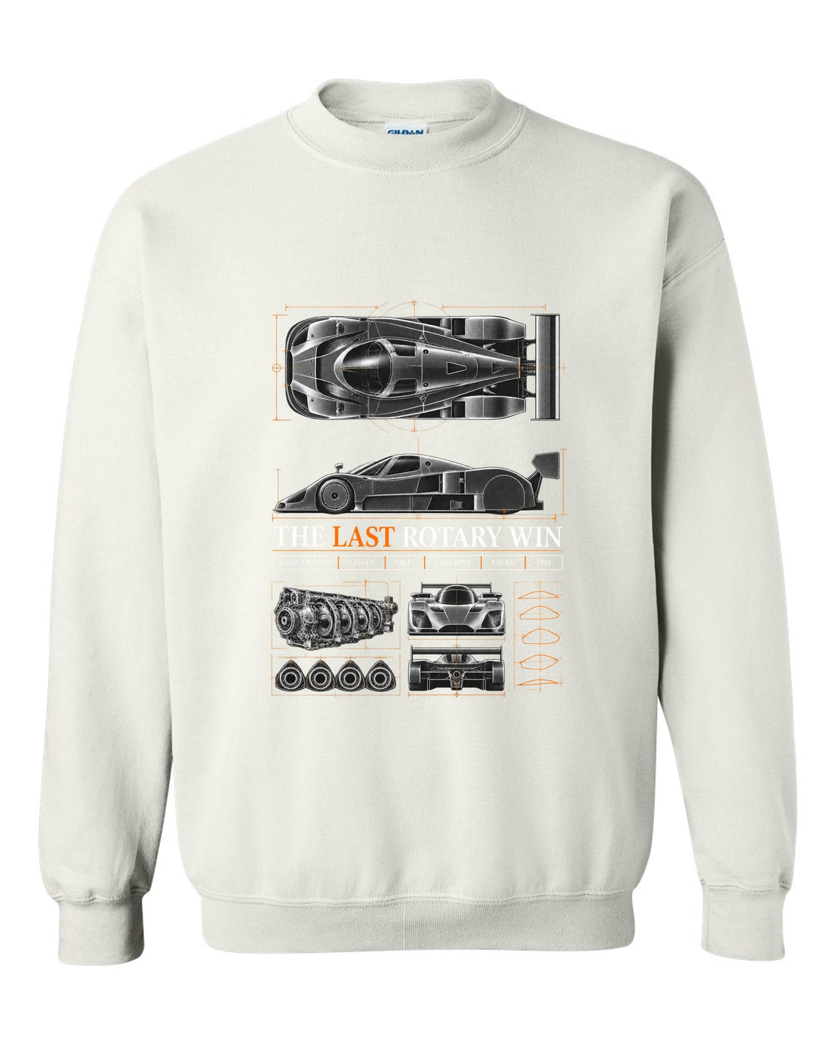 Spec poster print for the 1991 Mazda 787B with R26B four-rotor, 700 PS and 830 kg figures white crewneck front view with the design