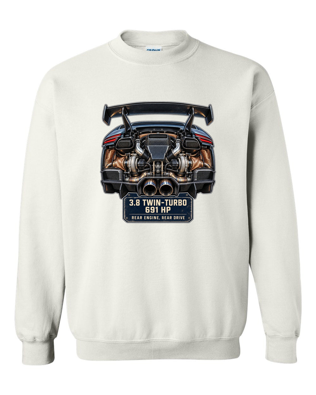 Engine hero print of a Porsche 911 GT2 RS 991.2 twin-turbo flat-six white crewneck front view with the design