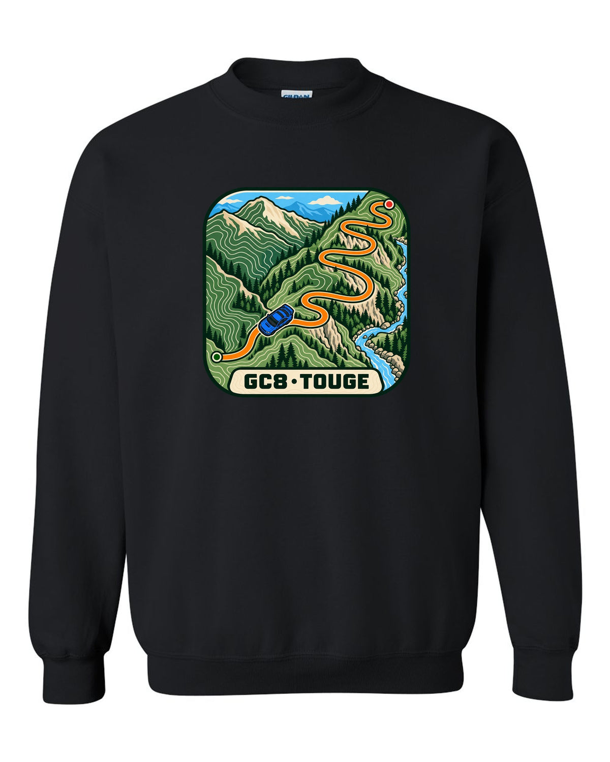 Subaru Impreza WRX GC8 touge route drawn as a topographic contour map, GC8 / TOUGE black crewneck front view with the design