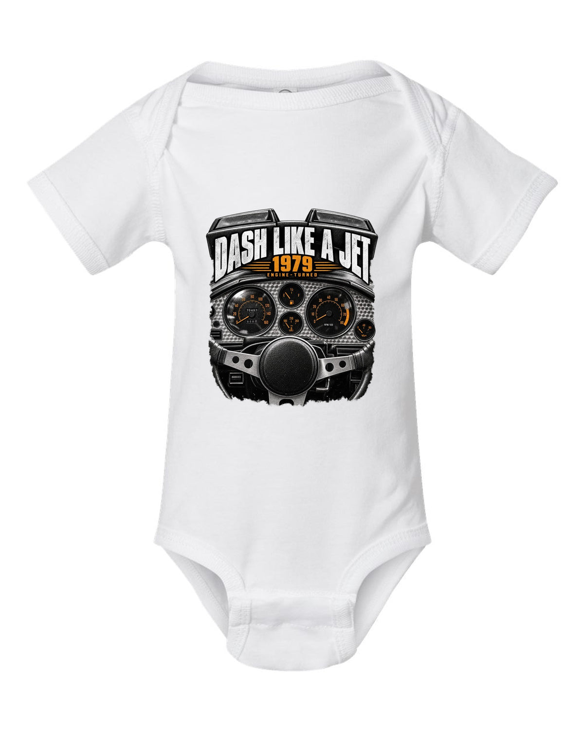 print of a 1979 Pontiac Firebird cockpit with engine-turned dash panel white baby onesie front view with the design