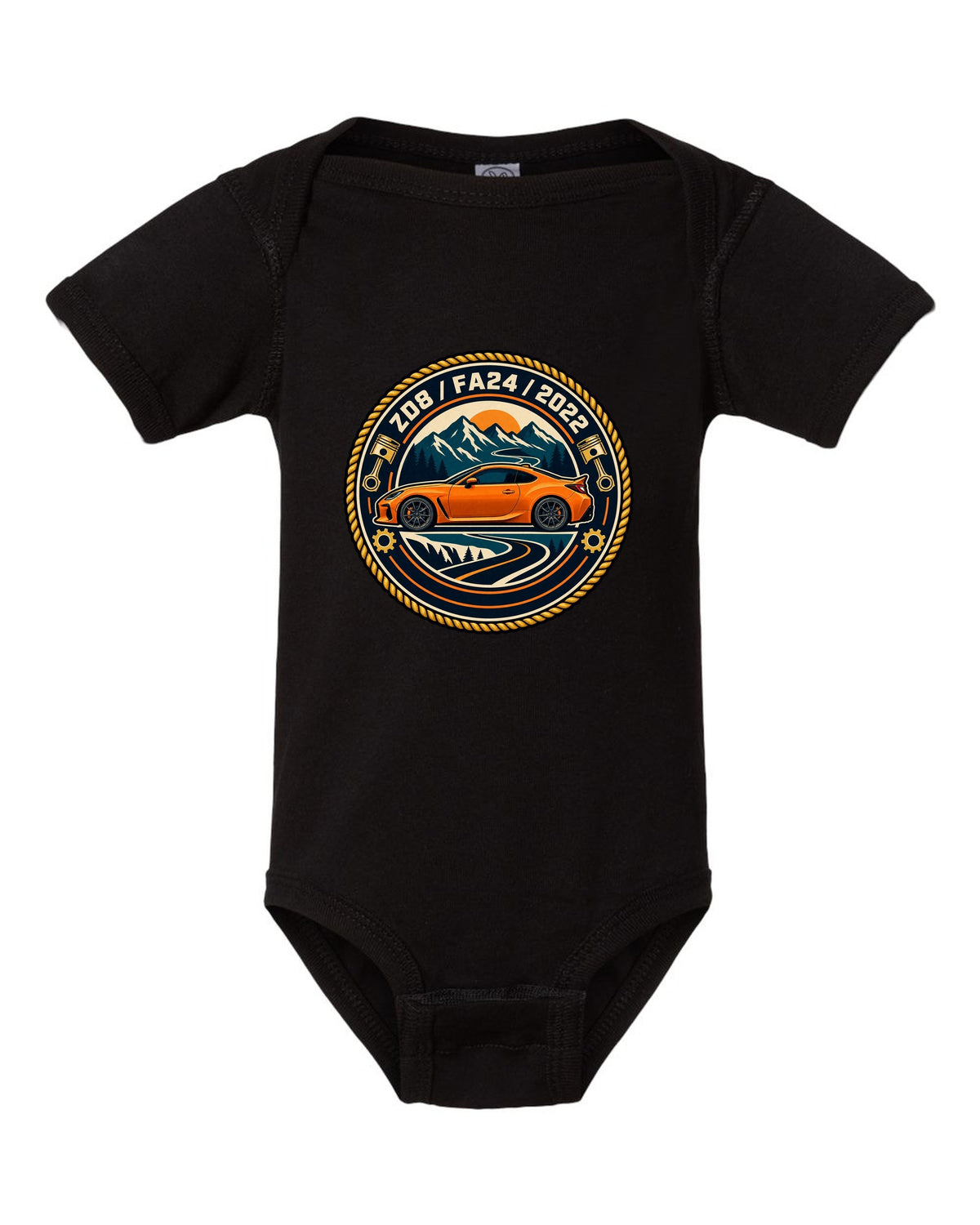 Subaru BRZ ZC6 tS in pastel vaporwave style, ZC6 / FA20 black baby onesie front view with the design