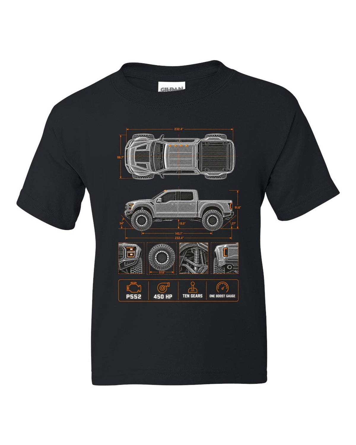 Ford F-150 Raptor Gen 2 P552 spec poster print with 450 HP and ten gears black kids tee front view with the design