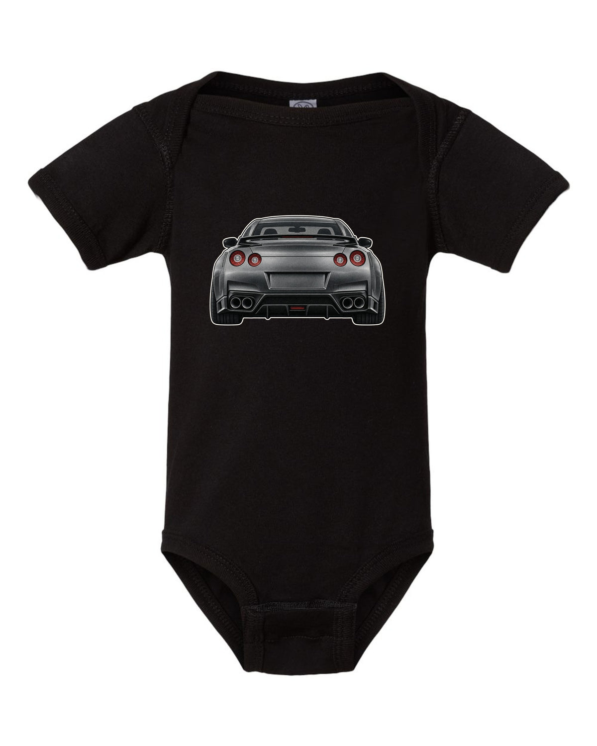 2023 Nissan Z Sport three-view drawing with spec table in warm grey black baby onesie front view with the design