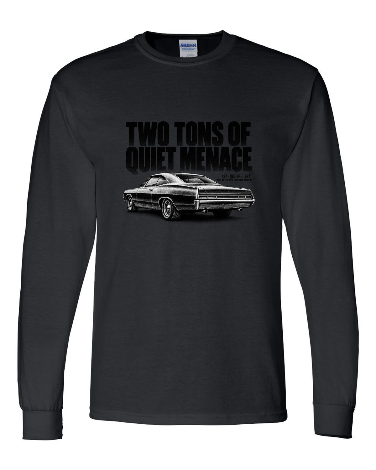 1967 Impala SS 427 two-door hardtop halftone print with 385 HP text black long sleeve front view with the design