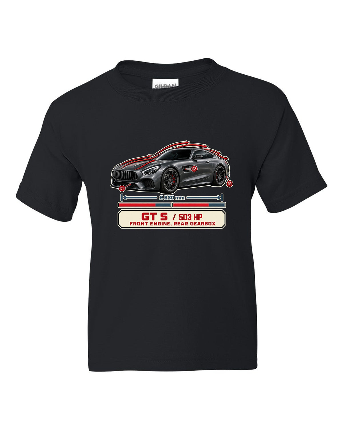 Mercedes-AMG GT S C190 aero cutaway callouts print black kids tee front view with the design