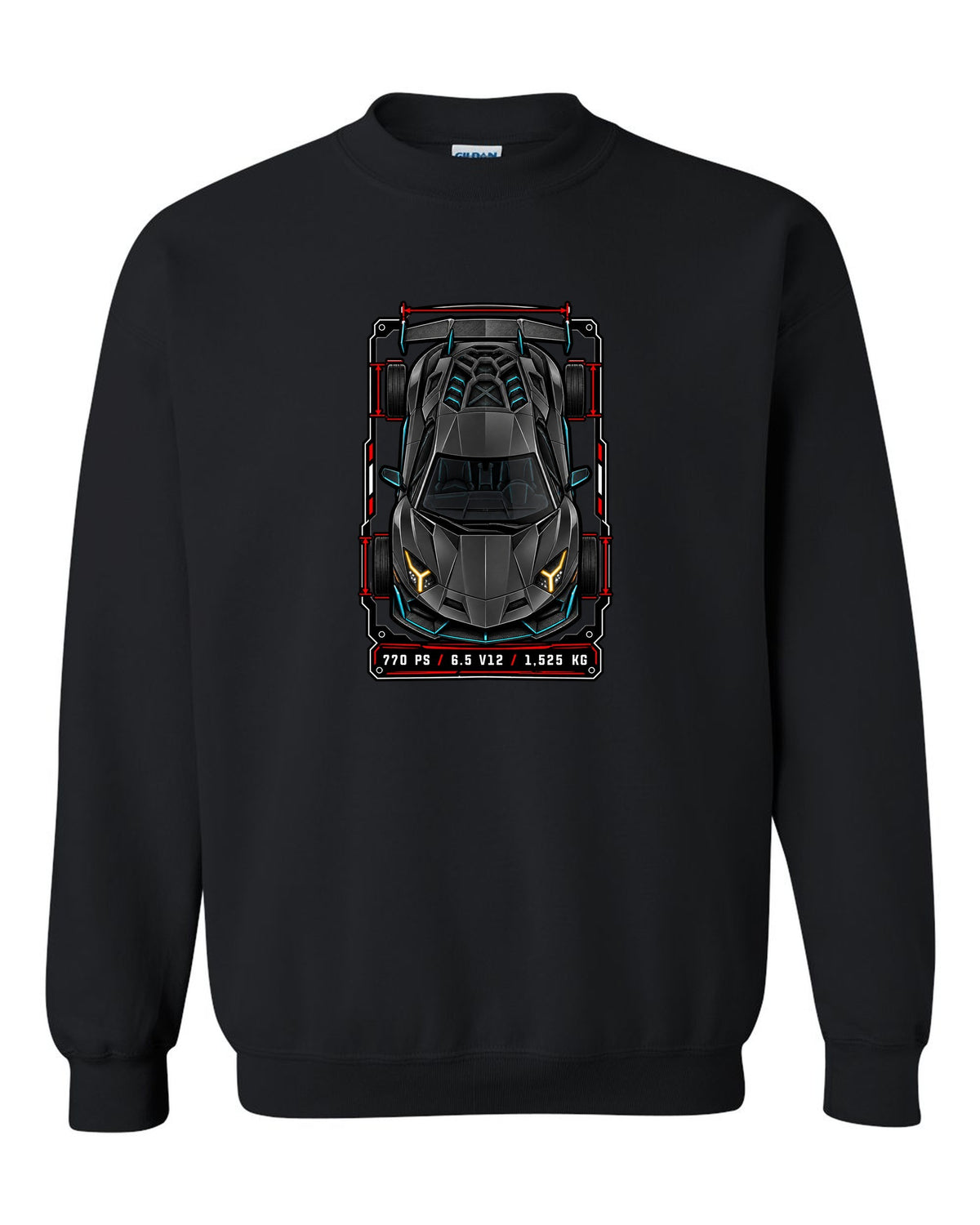 Spec-sheet data plate with a top-down Lamborghini Aventador SVJ LP770-4 and the text 770 PS / 6.5 V12 / 1,525 KG black crewneck front view with the design