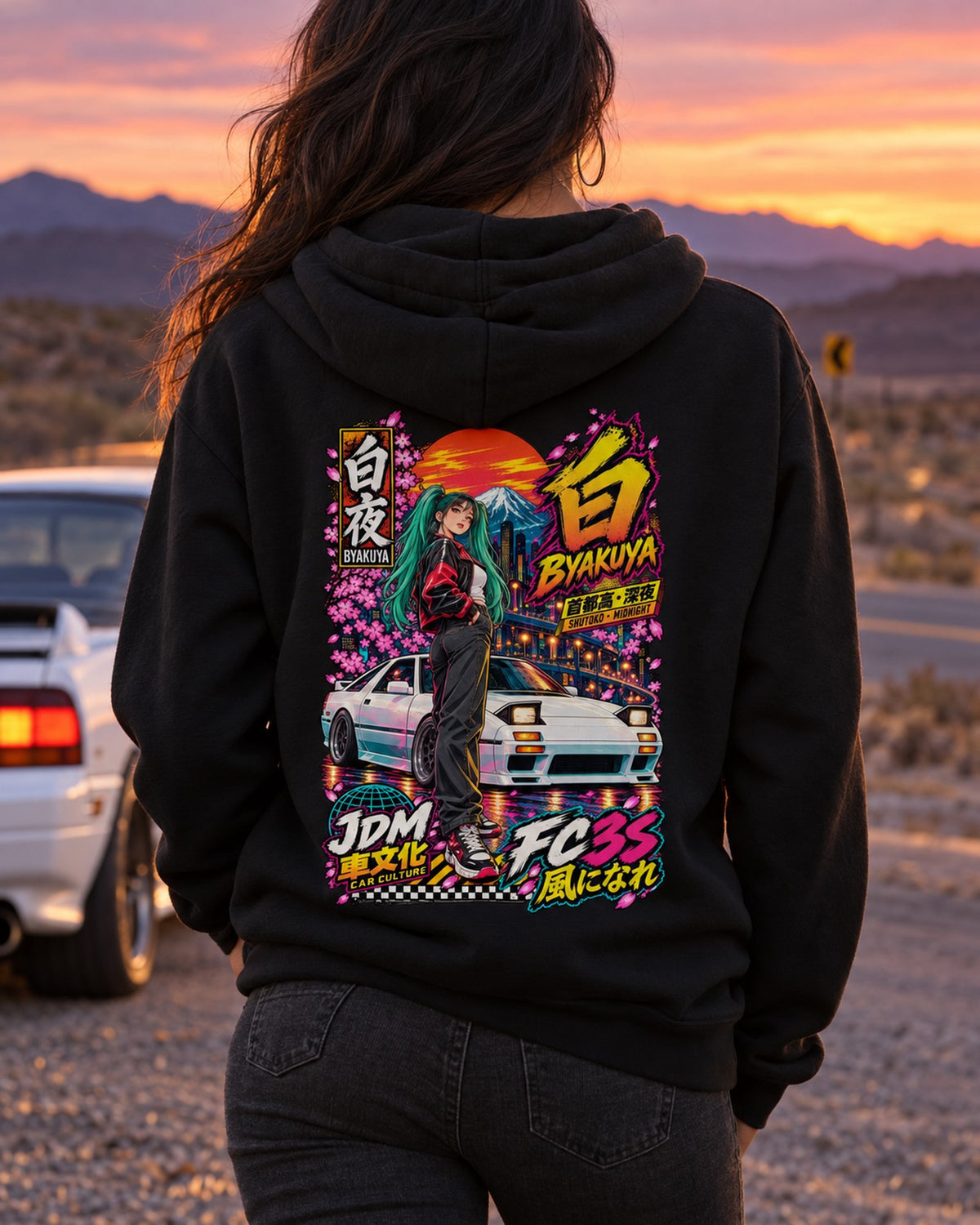 BYAKUYA FC3S Anime Girl Full-Back Graphic Tee Pull Over Hoodie Black worn hero