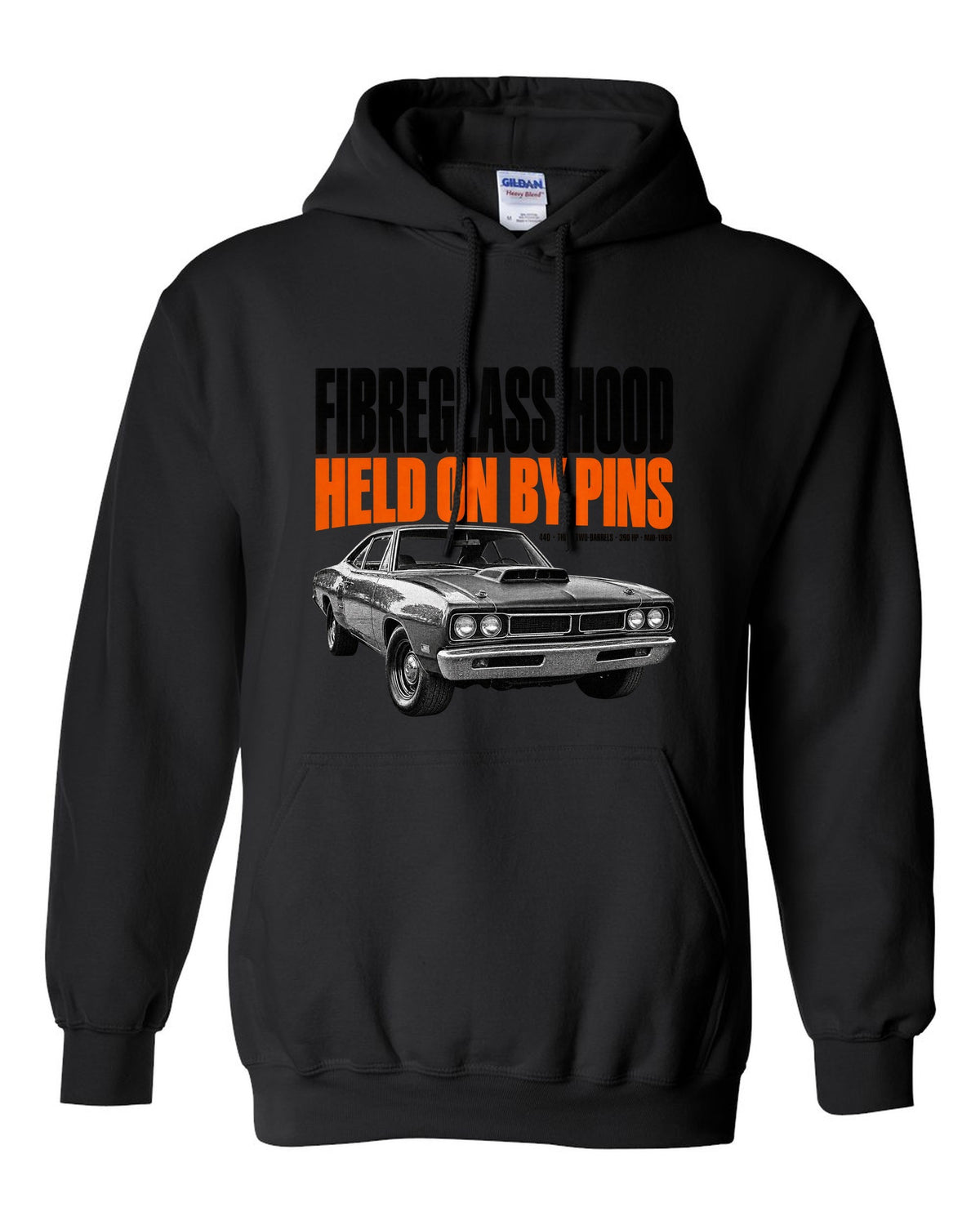 1969 Dodge Coronet Super Bee A12 hood halftone print with fibreglass hood and pins lettering black pull over hoodie front view with the design