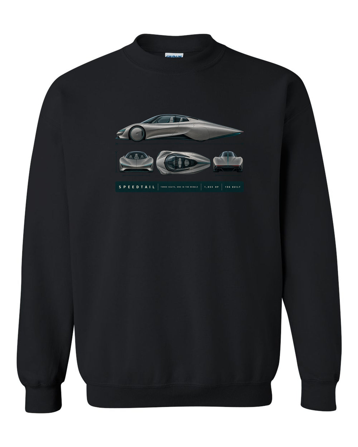Warm grey and teal length blueprint print of a McLaren Speedtail black crewneck front view with the design