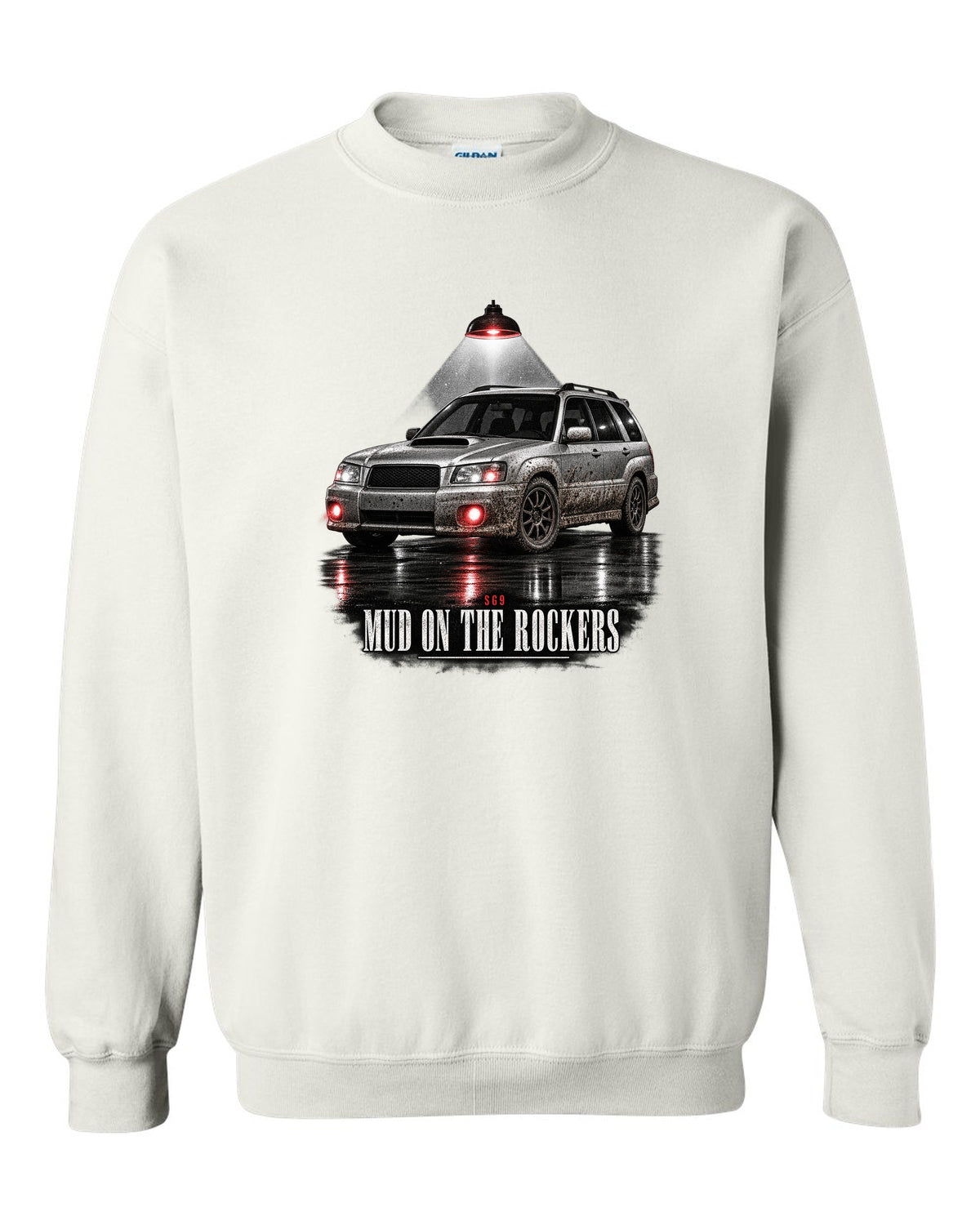 Garage night print for the Subaru Forester SG9 reading Mud on the Rockers white crewneck front view with the design
