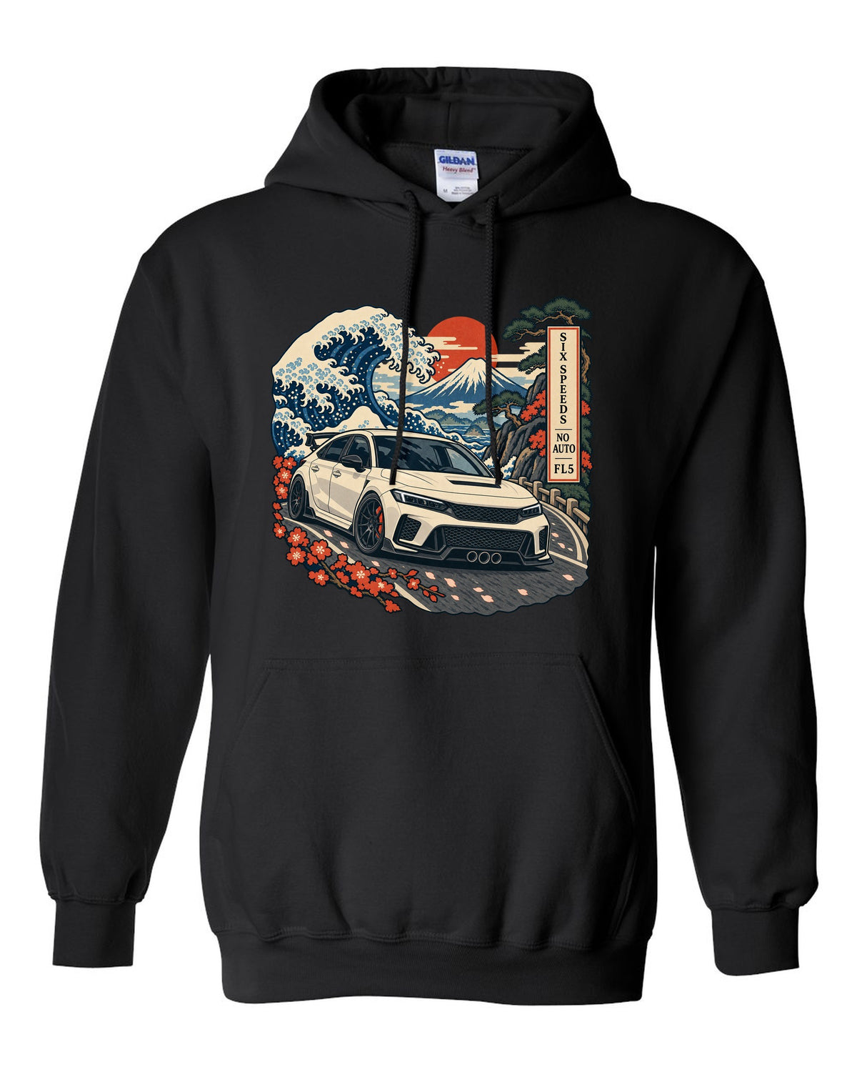 Ukiyo-e woodblock print of a 2023 Honda Civic Type R FL5 on a Fuji pass with six speeds no auto text black pull over hoodie front view with the design
