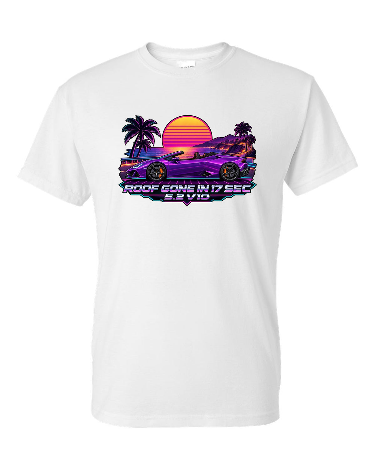 Synthwave outrun sunset grid with a Lamborghini Huracan Spyder LP610-4 and text ROOF GONE IN 17 SEC / 5.2 V10 white t-shirt front view with the design