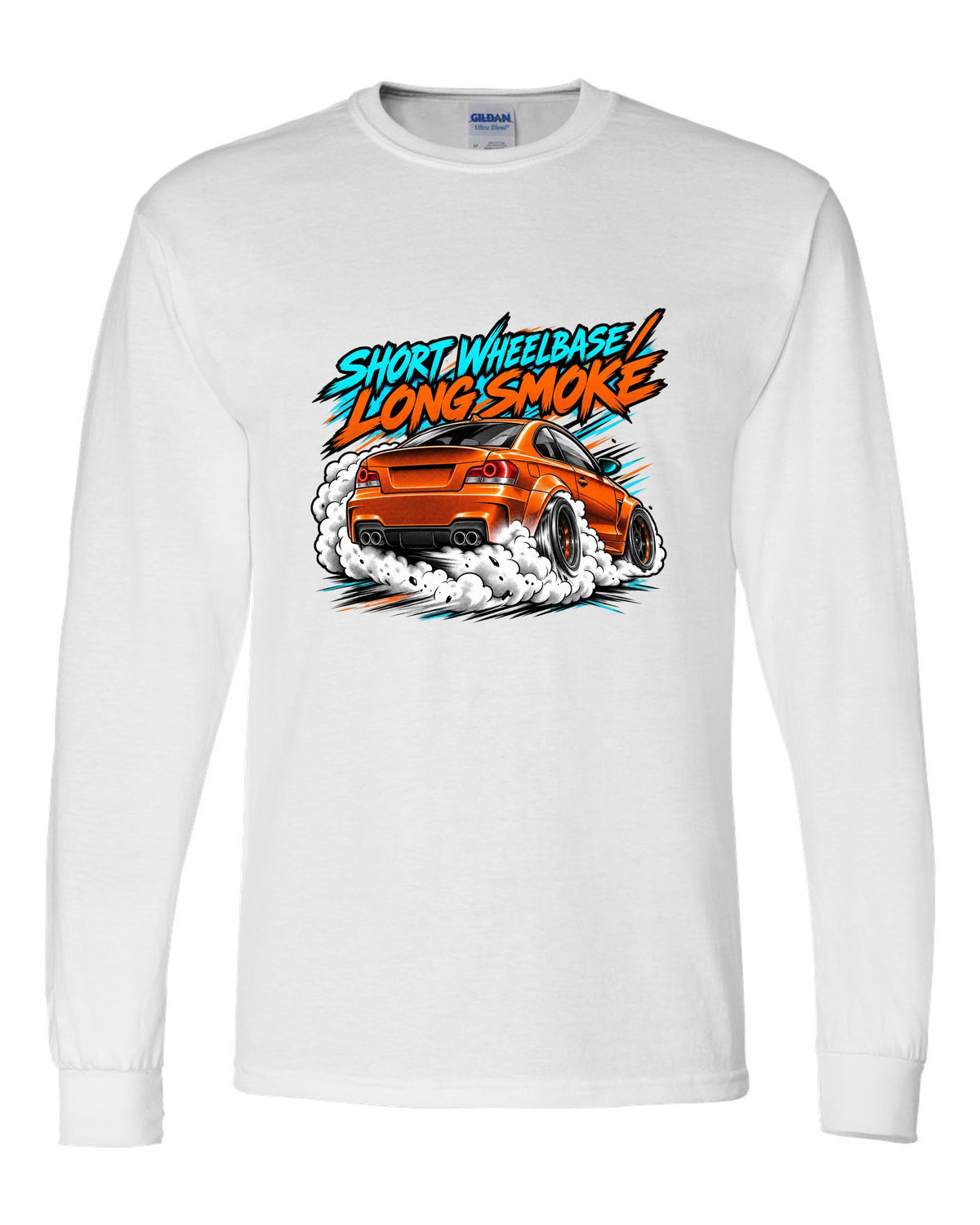 Retro manga halftone panel print of a BMW 1 Series M Coupe E82 burnout white long sleeve front view with the design