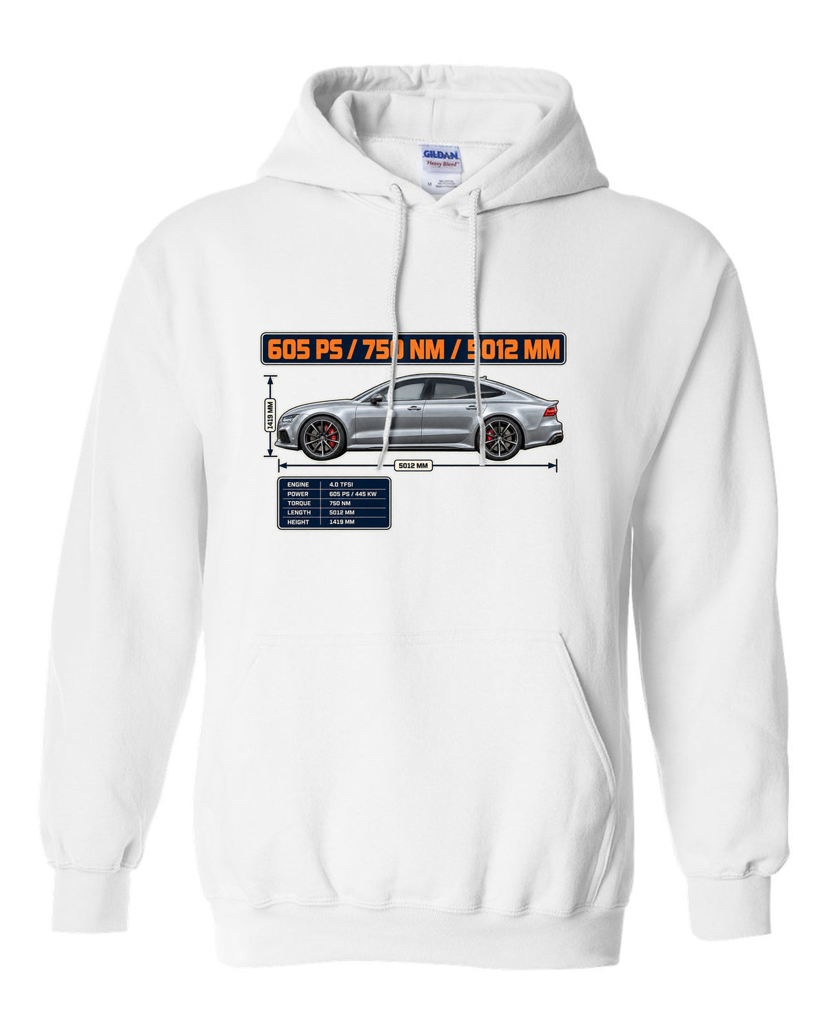 Audi RS7 Sportback performance C7 spec poster print white pull over hoodie front view with the design
