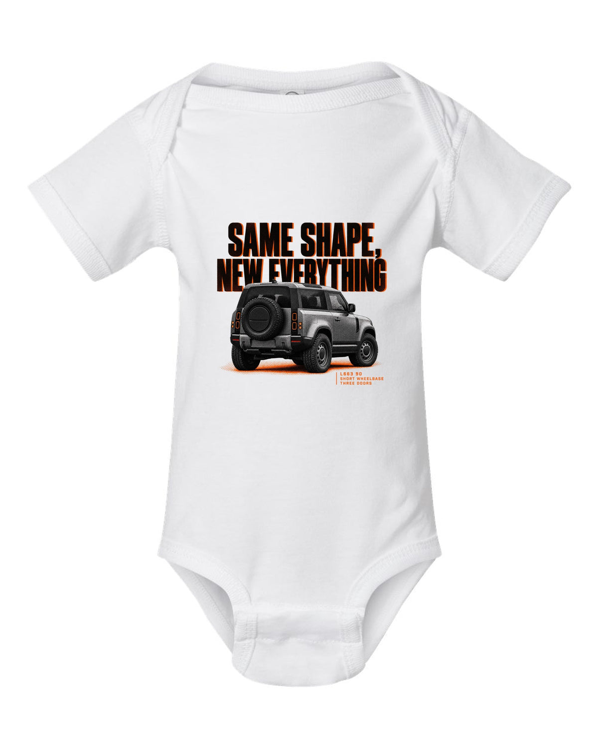 Land Rover Defender L663 90 halftone print with same shape new everything text white baby onesie front view with the design