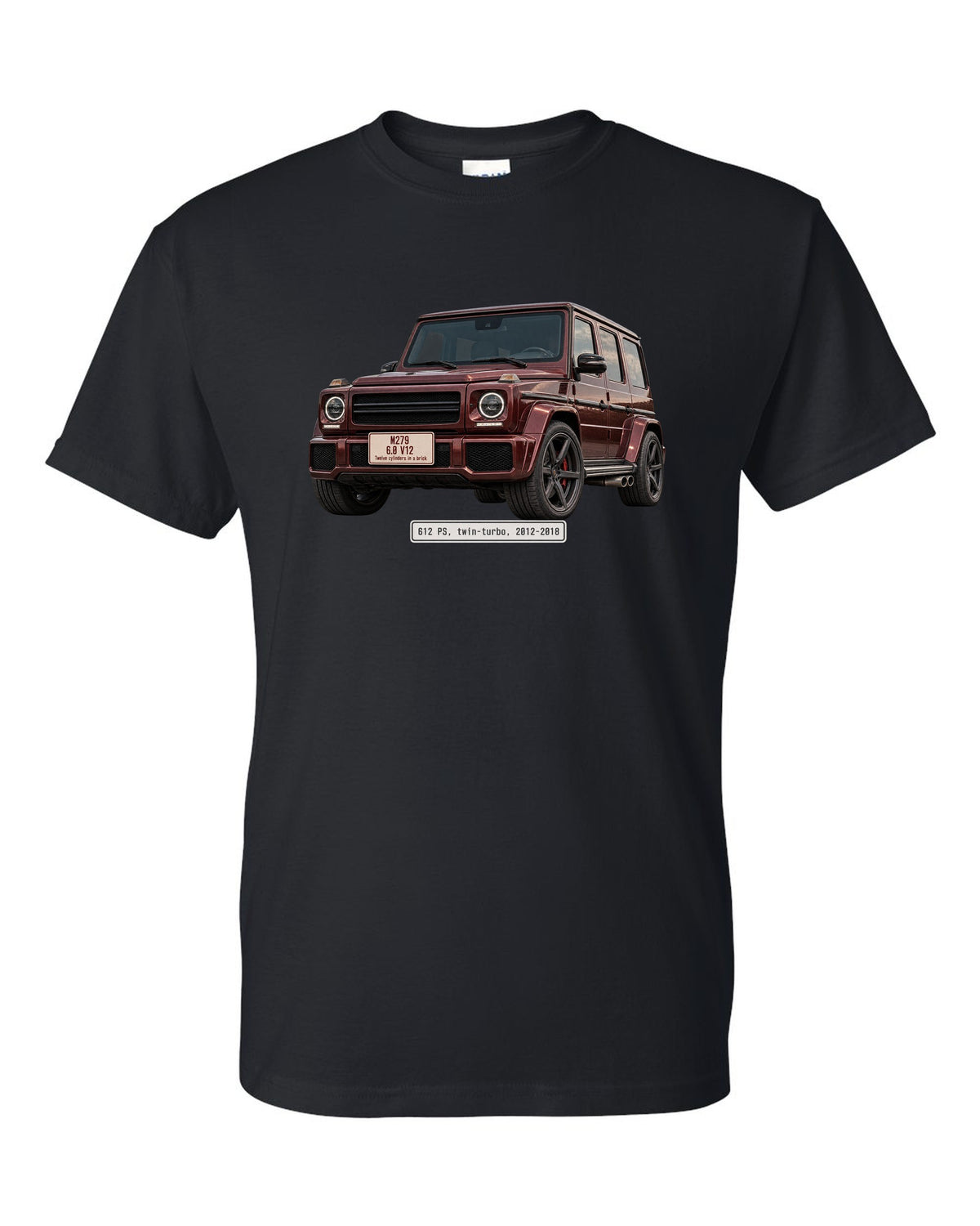 Editorial headline print of a Mercedes-AMG G65 W463 V12 black t-shirt front view with the design