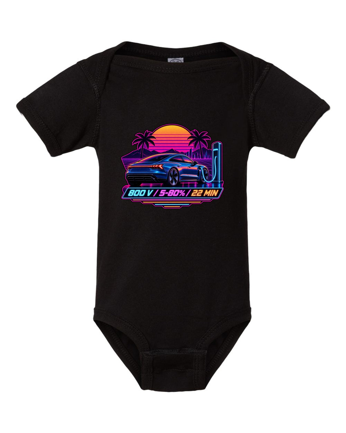 Outrun style print of an Audi e-tron GT with 800 V charging figures black baby onesie front view with the design