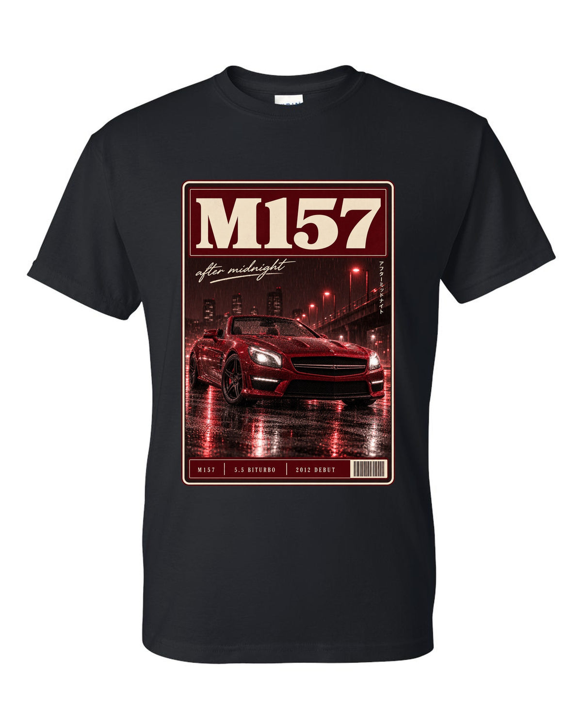 Mercedes-Benz SL63 R231 low front three-quarter night street scene in red monochrome black t-shirt front view with the design