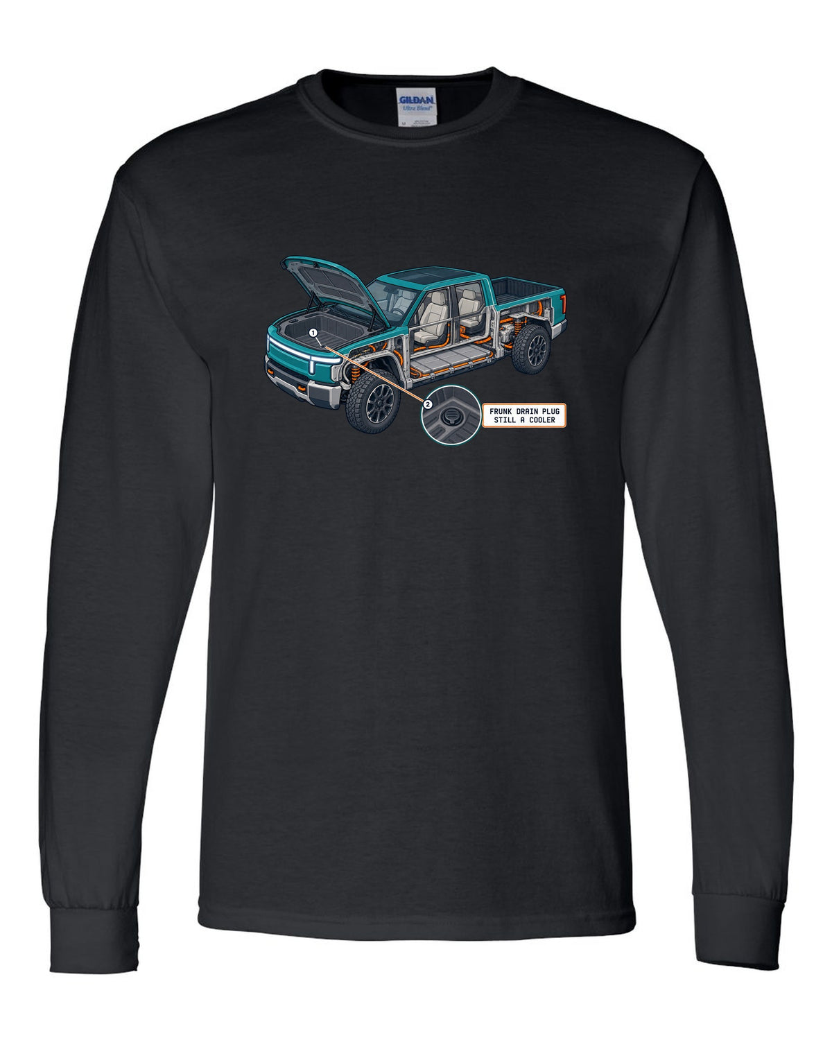 Ford F-150 Lightning isometric cutaway print showing the frunk drain plug black long sleeve front view with the design